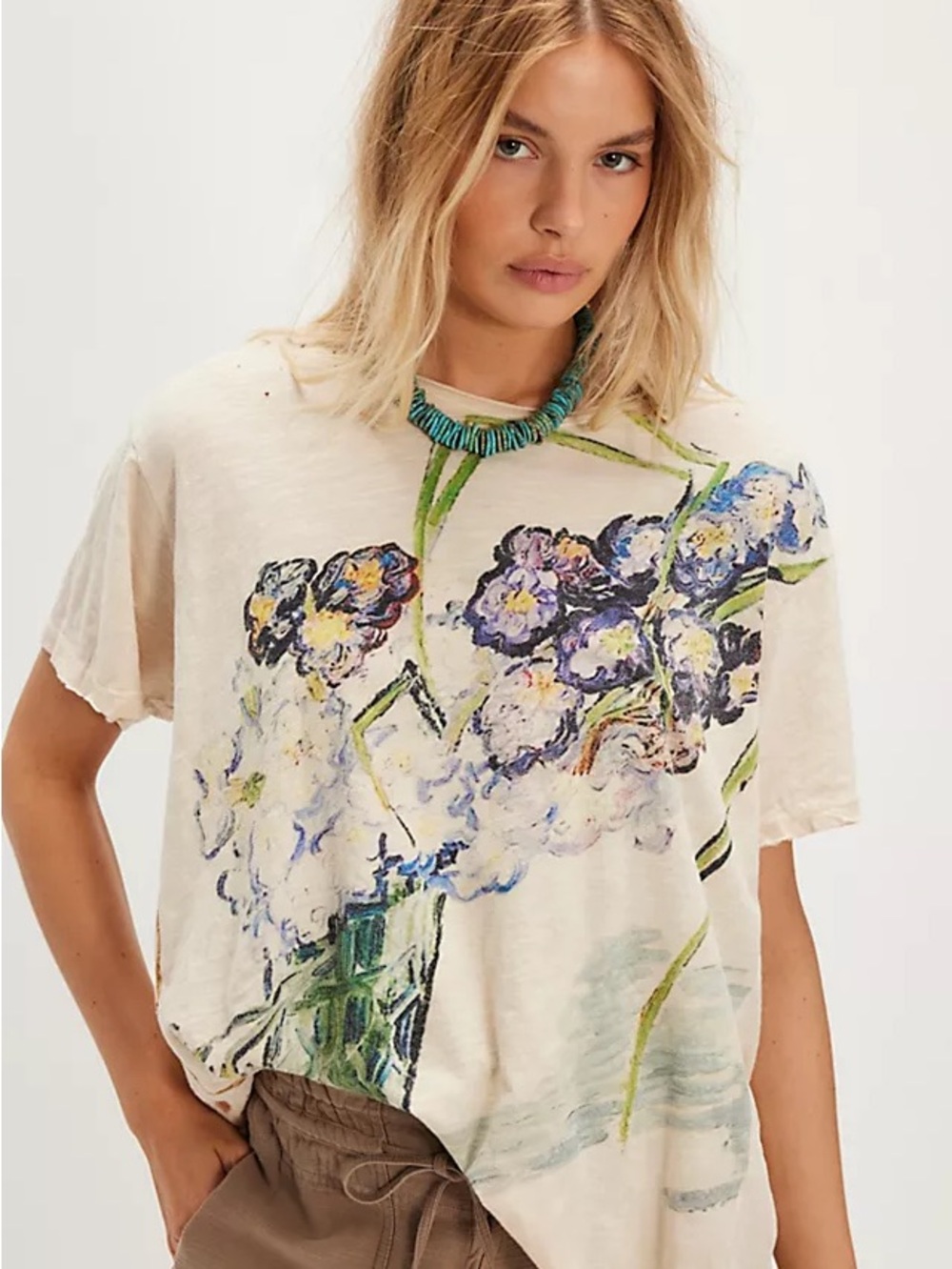 Magnolia Pearl Van Gough Cream Short Sleeve Tee with Multicolor Floral Art